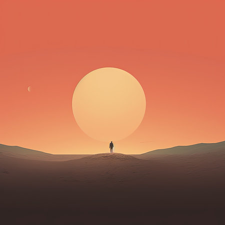 Man in the desert at sunset. 3d render. Vector illustration.の素材