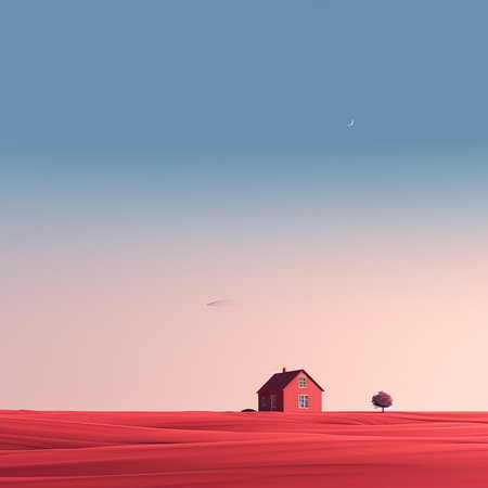 Red house on the plowed field at sunset, 3d renderの素材