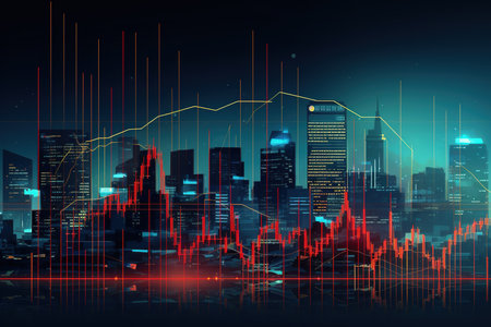 Abstract glowing forex chart on night city background. Investment and trade concept. Double exposureの素材
