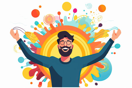 Happy man with hands up celebrating success. Vector illustration in flat styleの素材