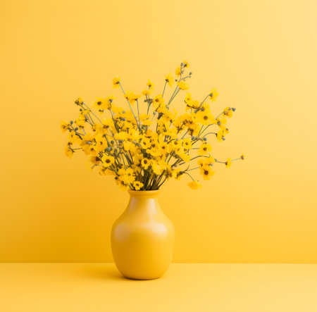Yellow vase with beautiful spring flowers on yellow background. Minimal conceptの素材