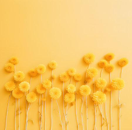 Yellow flowers on yellow background. Flat lay, top view minimal conceptの素材