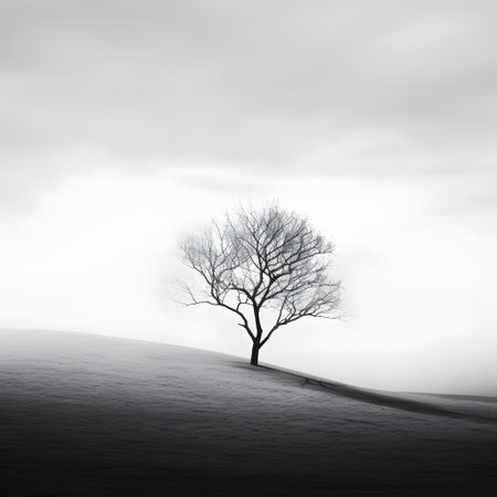 Lonely tree in a snowy field. Black and white image.の素材