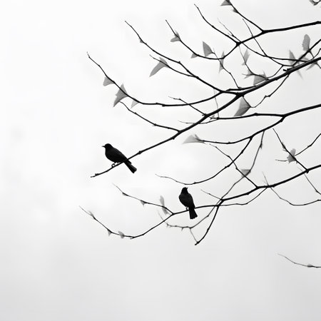 Silhouette of birds on the tree branch. Black and whiteの素材