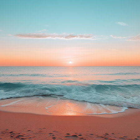 Beautiful sunset on the beach. Colorful sky and sea.の素材