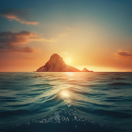 Beautiful seascape with mountain at sunset. Collage.の素材