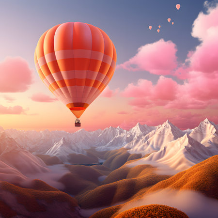 Hot air balloon flying over beautiful mountain landscape. 3D Renderingの素材