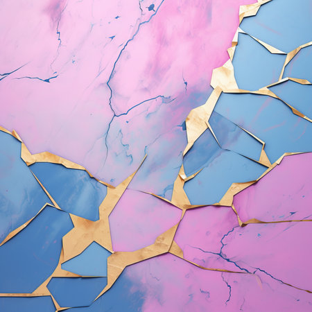 Blue, pink and gold marble texture background with cracks. 3d illustrationの素材