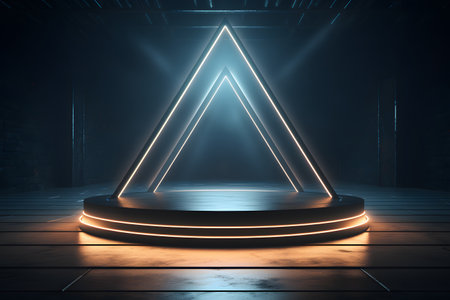 3d rendering. Futuristic dark room with neon lights. Glowing geometric shape. Empty showcase for product presentation.の素材