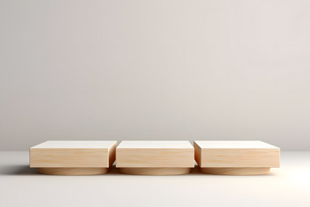 3d render of three wooden podiums on a white background.の素材
