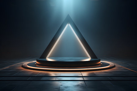 Abstract dark background with glowing neon triangle. 3d rendering mock upの素材