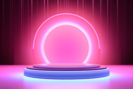 Abstract round podium illuminated by neon lights. Award ceremony concept. Stage backdrop. Vector illustrationの素材