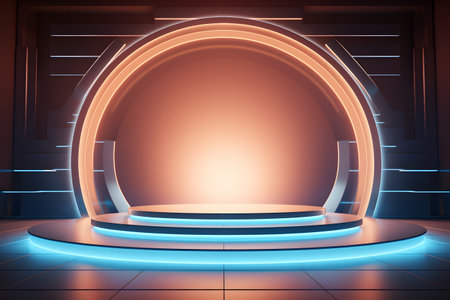 Abstract scene with round podium illuminated by neon lights. 3d renderの素材