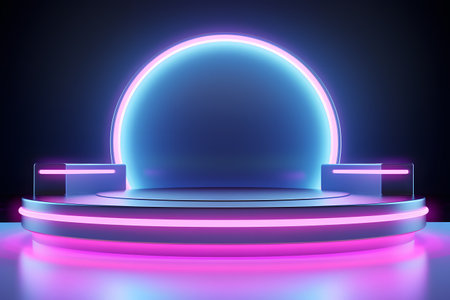 Abstract round podium illuminated with neon glow. 3d render background.の素材