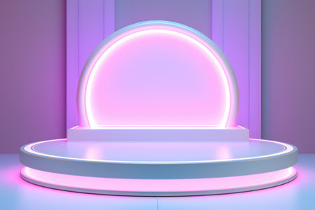 Abstract round podium illuminated with neon light. 3d render illustration.の素材