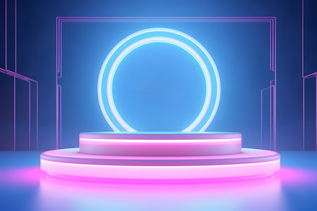 Abstract round podium illuminated with neon light. 3d render background.の素材
