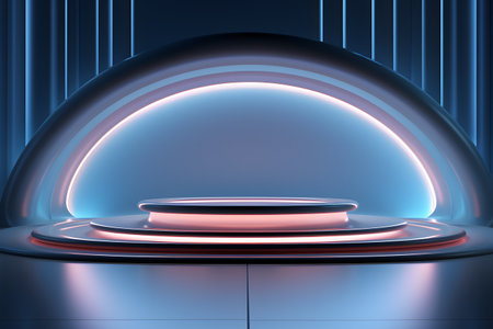 3d render, abstract background, empty round stage with neon lightsの素材