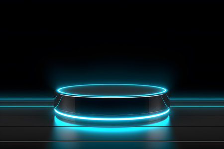 Neon round podium on dark background. Mock up, 3D Renderingの素材