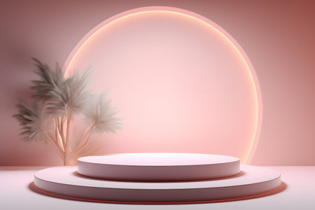 3d render, abstract minimal scene with geometrical forms, podiums, palm leaves, neon lightの素材