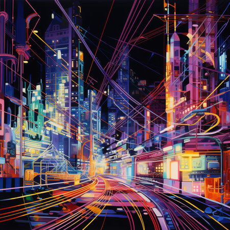 Illustration of a street in the city at night with neon lightsの素材