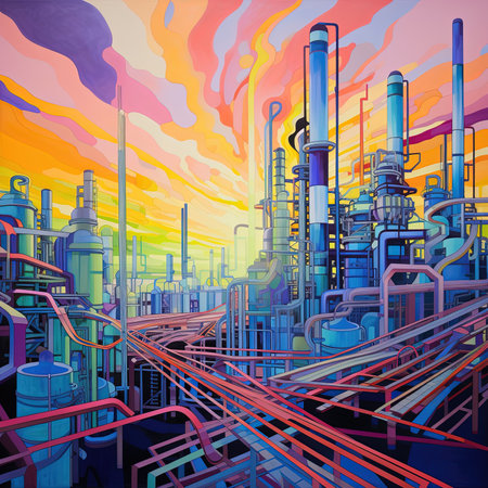 Vector illustration of industrial background with gas pipeline and multi-colored tubesの素材