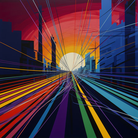 City at sunset. Vector illustration of urban landscape with buildings and road.の素材