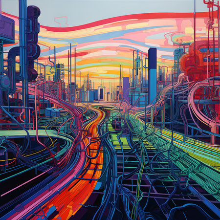 Illustration of high-speed expressway in the city at sunsetの素材