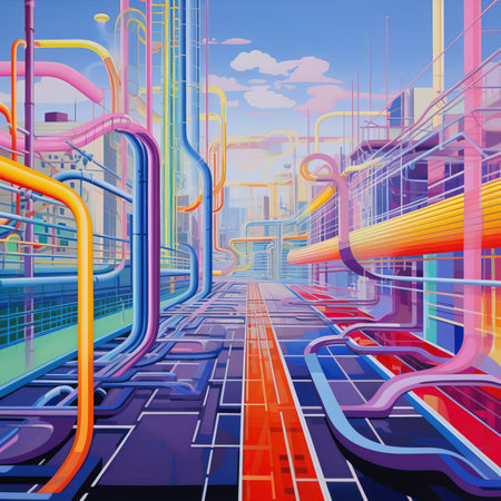 3d illustration of an industrial area with pipes and a lot of buildingsの素材