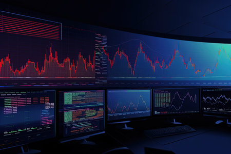 3d rendering of stock market data on computer monitor screen in dark roomの素材
