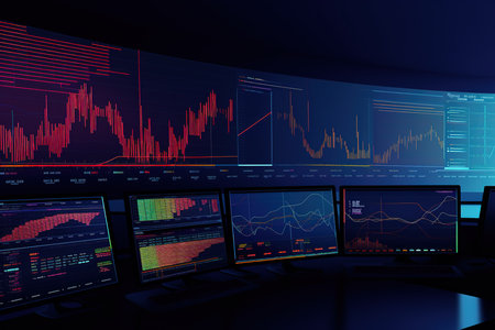 3d rendering of stock market data on monitor screen in dark roomの素材