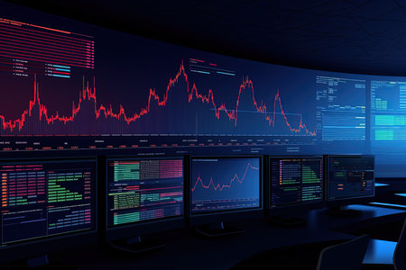 3d render of modern computer room with stock market chart on screenの素材