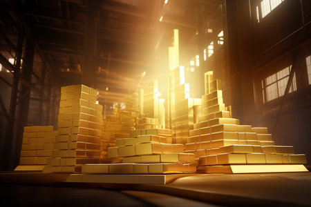 3d rendering of gold bars in a warehouse with light effect.の素材