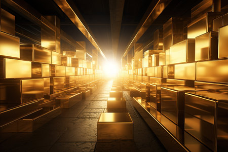 3D render of a futuristic corridor with glowing lights and golden cubesの素材