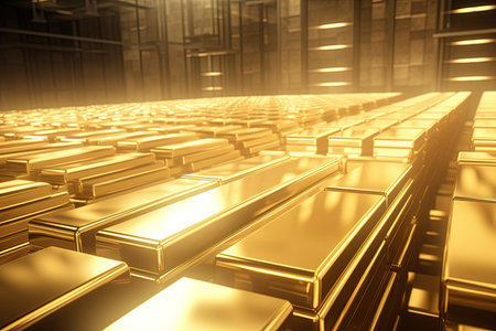 3d rendering of a stack of gold bars in a factory.の素材