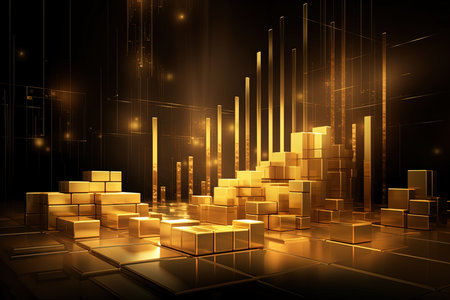 3d rendering of golden cubes in virtual space. Futuristic backgroundの素材