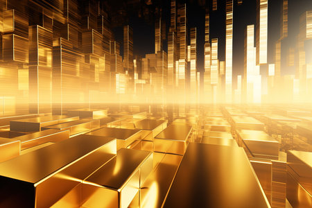 golden cubes on the black background. 3d rendering toned imageの素材