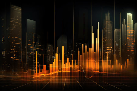 Abstract glowing forex chart on city background. Investment and trade concept. 3D Renderingの素材