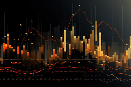 Stock market graph and candlestick chart on dark background. Vector illustration.の素材