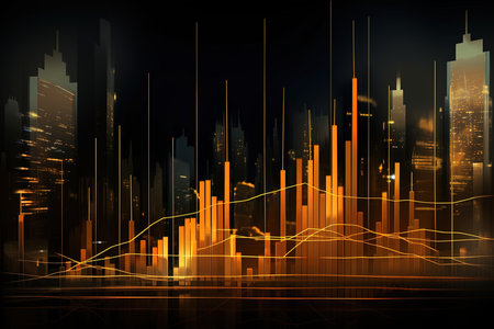 abstract glowing forex chart on city background. 3d renderingの素材