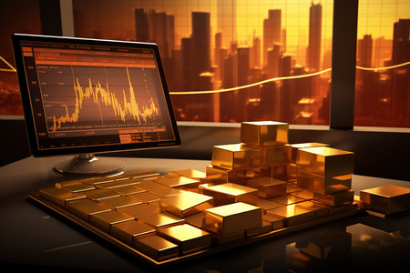 Stock market graph on computer screen and gold bars in the office.の素材