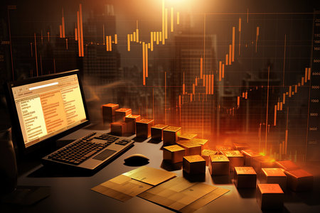 Laptop with stock market chart on abstract background. 3d renderingの素材