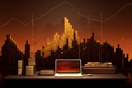 Laptop on desk with cityscape background, 3d illustration.の素材