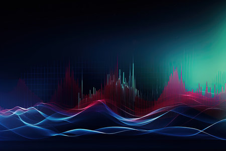 Futuristic background with financial graphs and charts on the dark blue background.の素材