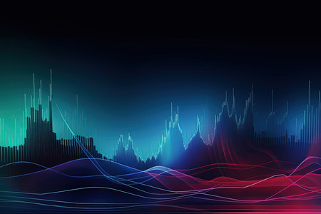 Futuristic background with financial graphs and charts on the dark blue background.の素材