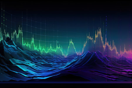 Futuristic background with financial graphs and charts on the dark blue background.の素材