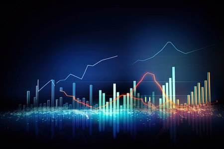 abstract background with financial charts and graphs on the dark blue backgroundの素材