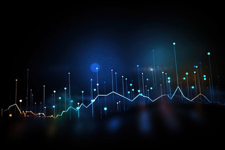 Abstract glowing business chart on dark background. Finance and trade concept. 3D Renderingの素材