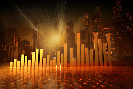 Futuristic city background with glowing bar chart. Vector illustration.の素材