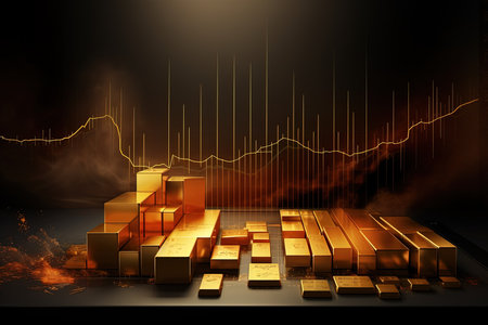 Gold bars in fire and smoke on dark background. 3d illustrationの素材