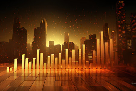 Cityscape with glowing forex candlestick chart. 3D renderingの素材